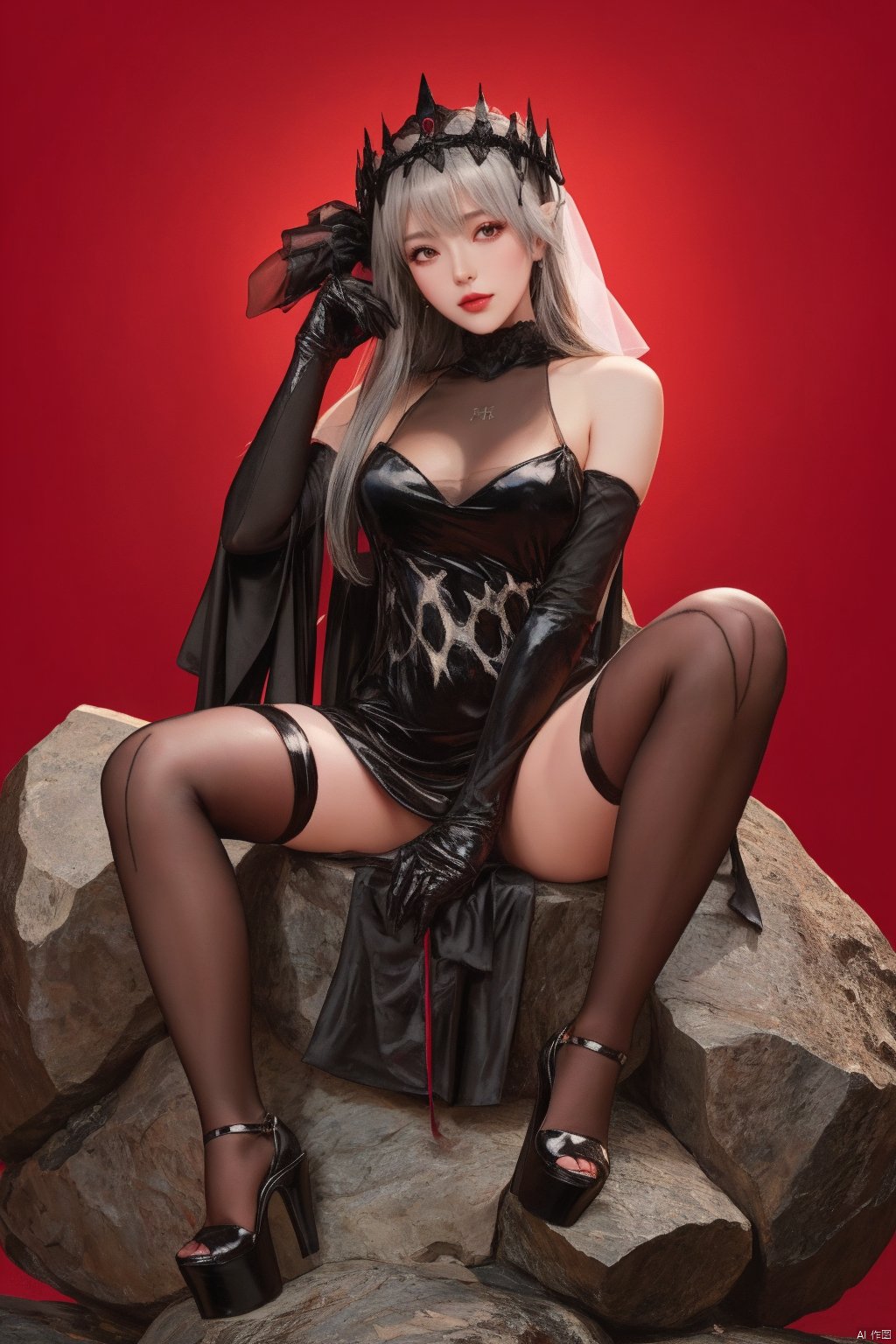 1girl,solo,red background,full body,sitting on rock,ruanyi0550,bare shoulders,black dress,black gloves,black thighhighs,crown,high heels,see
through,dress,veil,,spread legs,platform footwear,<lora:0550 nikke marian, best quality,masterpiece,highres,official