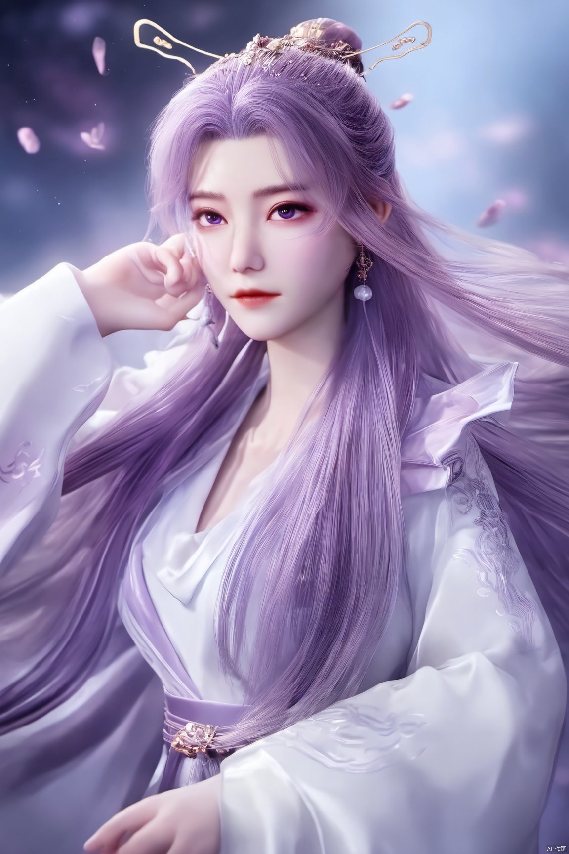  best quality,masterpiece,1girl,solo,long hair,looking at viewer,jewelry,closed mouth,purple eyes,upper body,purple hair,earrings,blurry,blurry background,sunlight,red lips,(big breasts:1.69), Yunxiao_xianzi, Brigitte Lin, X-aurora, pearl_shell, song_hanfu, fantasy_butterfly, Succulent_Plants