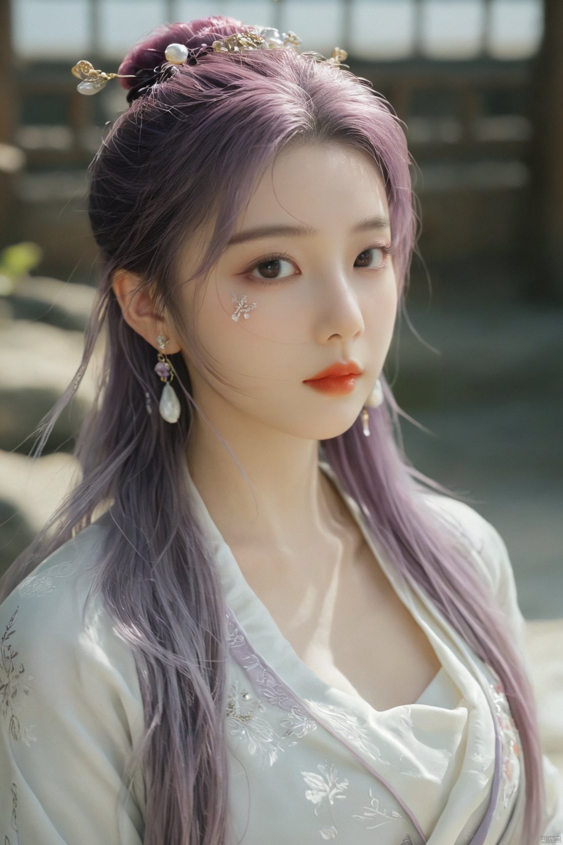  best quality,masterpiece,1girl,solo,long hair,looking at viewer,jewelry,closed mouth,purple eyes,upper body,purple hair,earrings,blurry,blurry background,sunlight,red lips,(big breasts:1.69), Yunxiao_xianzi, Brigitte Lin, X-aurora, pearl_shell, song_hanfu, fantasy_butterfly, Succulent_Plants, traditional chinese ink painting, hanfu, 2.5D, Ancient costume, Film Photography, film1,Film texture