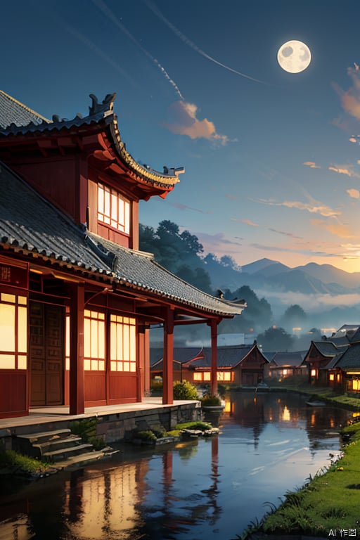  Wall mural style with gold-colored paint,Scenery of the water towns,Huizhou-style architecture,trees,houses,mountains,moon,clouds,moonlight,river,reflection,arch bridge,steps,pavilion,moss,rocks,sky,cloud,fog, landscape painting, xian