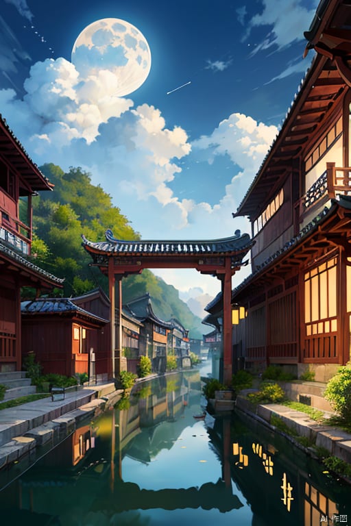  Wall mural style with gold-colored paint,Scenery of the water towns,Huizhou-style architecture,trees,houses,mountains,moon,clouds,moonlight,river,reflection,arch bridge,steps,pavilion,moss,rocks,sky,cloud,fog, landscape painting, xian