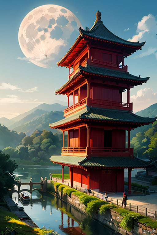  Wall mural style with gold-colored paint,Scenery of the water towns,Huizhou-style architecture,trees,houses,mountains,moon,clouds,moonlight,river,reflection,arch bridge,steps,pavilion,moss,rocks,sky,cloud,fog, landscape painting, xian