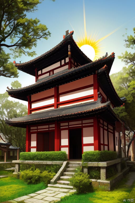  xian, tree,house,sun