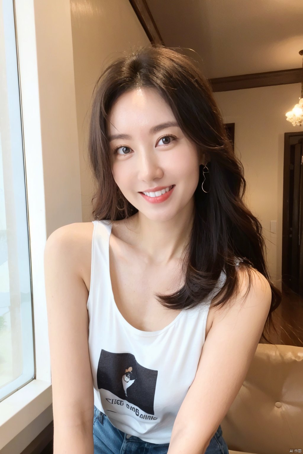 1girl, solo, long hair, looking at viewer, smile, brown hair, black hair, brown eyes, jewelry, upper body, earrings, teeth, indoors, grin, black eyes, tank top, realistic, selfie, white tank top