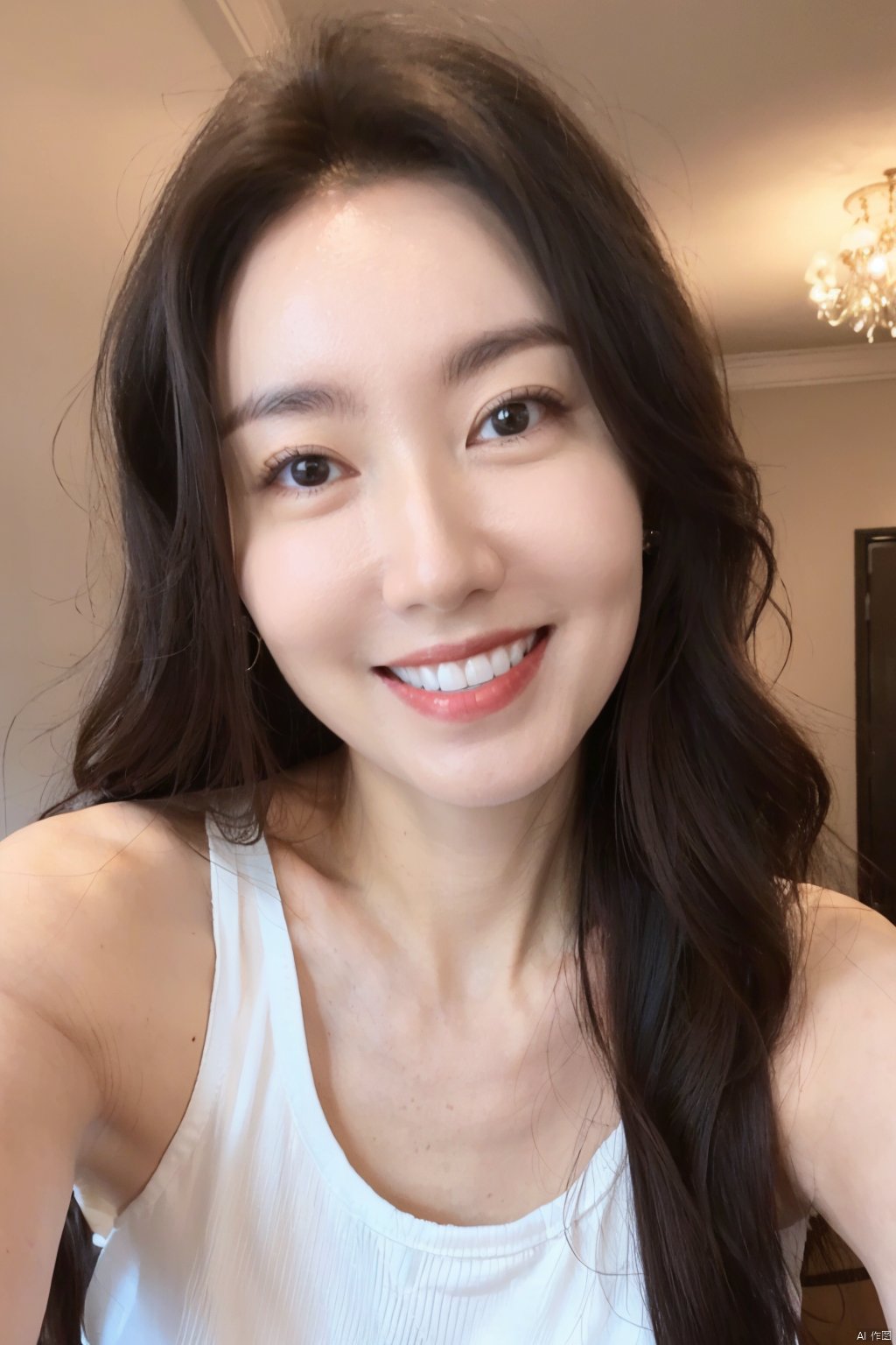 1girl, solo, long hair, looking at viewer, smile, brown hair, black hair, brown eyes, jewelry, upper body, earrings, teeth, indoors, grin, black eyes, tank top, realistic, selfie, white tank top