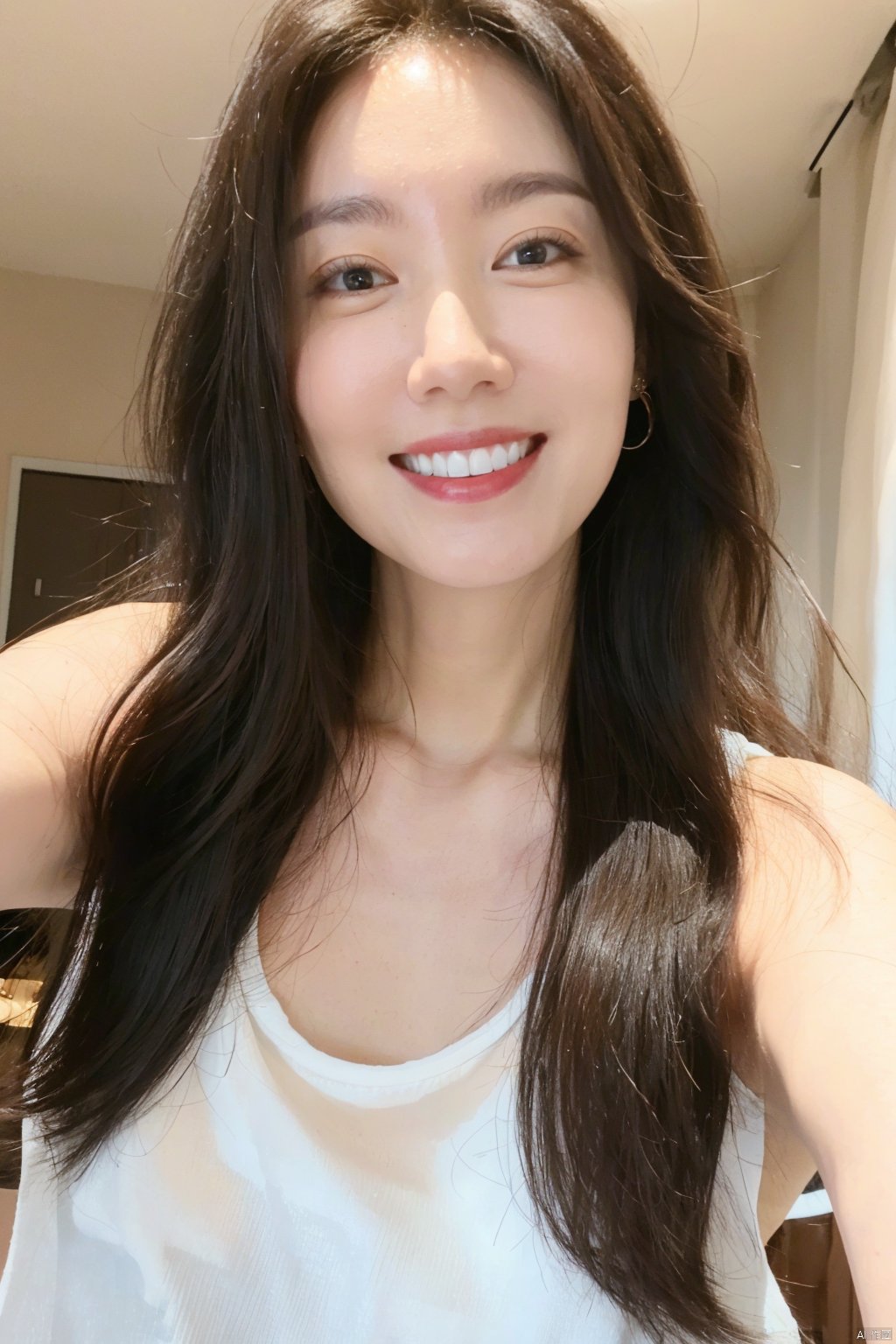 1girl, solo, long hair, looking at viewer, smile, brown hair, black hair, brown eyes, jewelry, upper body, earrings, teeth, indoors, grin, black eyes, tank top, realistic, selfie, white tank top