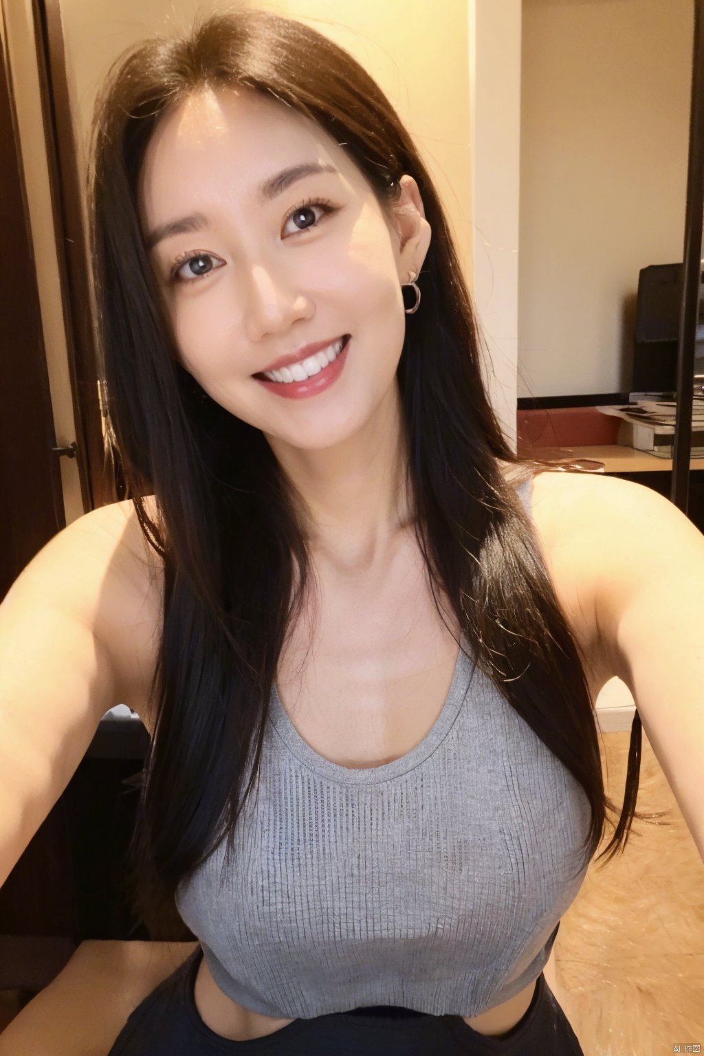 1girl, solo, long hair, looking at viewer, smile, brown hair, black hair, brown eyes, jewelry, upper body, earrings, teeth, indoors, grin, black eyes, tank top, realistic, selfie, white tank top