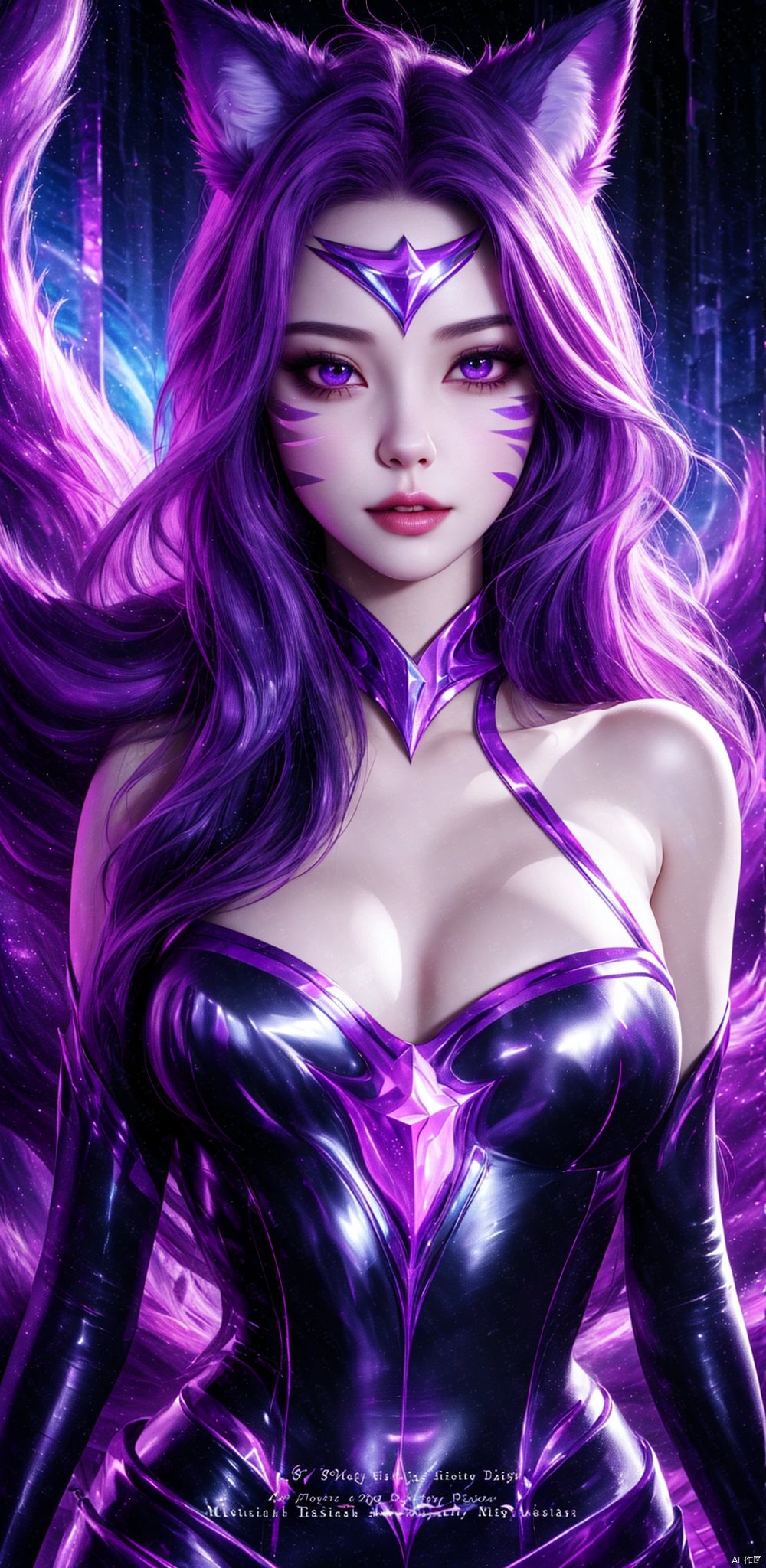 Cyberpunk, Girl, Full Body Symmetry, Harmony, Symmetry, Harmony, Proportional Symmetry, Masterpiece, Masterpiece, Cg, Original Painting, 8K, Aesthetic, Gorgeous, Amazing, Snake Girl: 1girl, solo, long hair, breasts, looking at viewer, black hair, animal ears, cleavage, bare shoulders, purple eyes, tail, upper body, purple hair, lips, fox ears, fox tail, watermark, facial mark, whisker markings, ahri \(league of legends\)