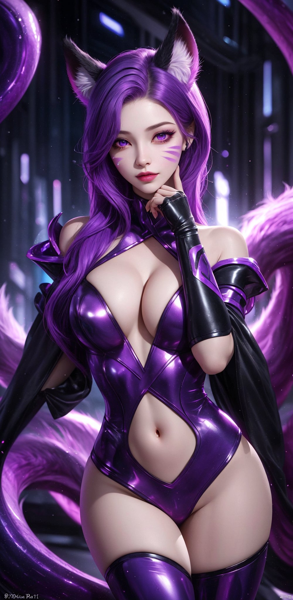 Cyberpunk, Girl, Full Body Symmetry, Harmony, Symmetry, Harmony, Proportional Symmetry, Masterpiece, Masterpiece, Cg, Original Painting, 8K, Aesthetic, Gorgeous, Amazing, Snake Girl: 1girl, solo, long hair, breasts, looking at viewer, black hair, animal ears, cleavage, bare shoulders, purple eyes, tail, upper body, purple hair, lips, fox ears, fox tail, watermark, facial mark, whisker markings, ahri \(league of legends\)