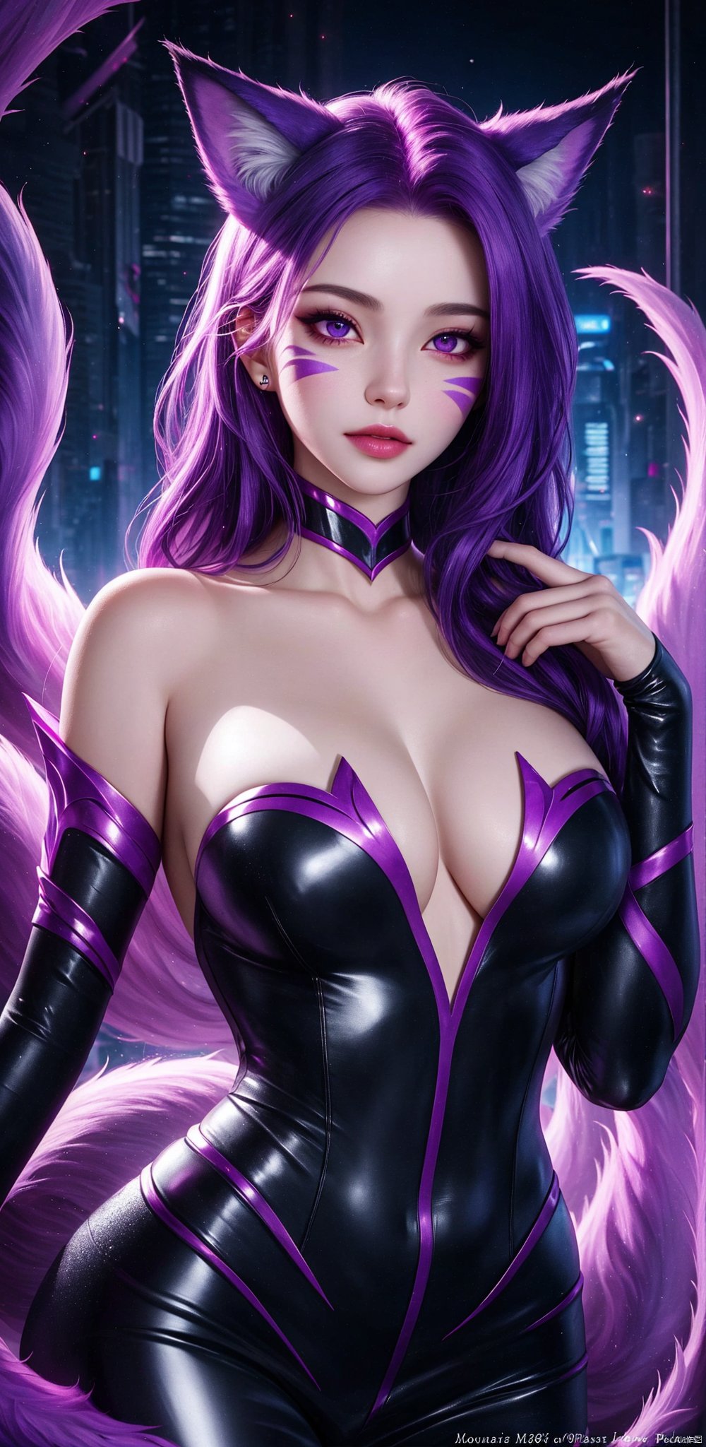 Cyberpunk, Girl, Full Body Symmetry, Harmony, Symmetry, Harmony, Proportional Symmetry, Masterpiece, Masterpiece, Cg, Original Painting, 8K, Aesthetic, Gorgeous, Amazing, Snake Girl: 1girl, solo, long hair, breasts, looking at viewer, black hair, animal ears, cleavage, bare shoulders, purple eyes, tail, upper body, purple hair, lips, fox ears, fox tail, watermark, facial mark, whisker markings, ahri \(league of legends\)