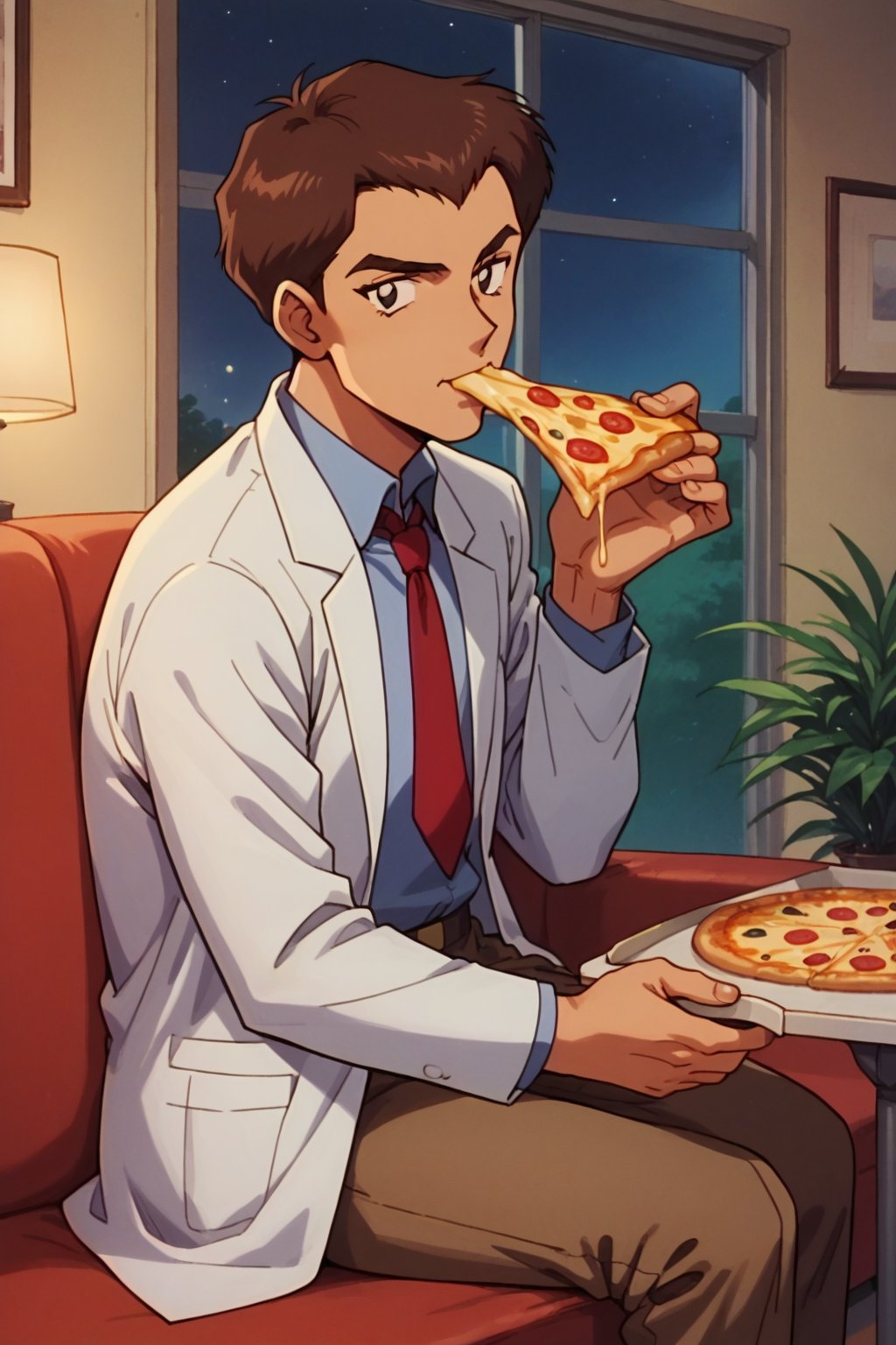 score_9, score_8_up, drproctor, 1boy, solo, brown hair, short hair, lab coat, red necktie, brown pants, looking at viewer, retro style, sitting, eating pizza, couch, living room, night, side view