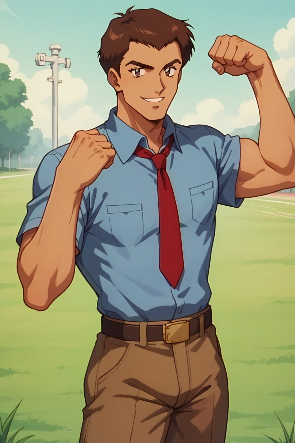 score_9, score_8_up, drproctor, 1boy, solo, brown hair, short hair, blue shirt, red necktie, belt, brown pants, toned male, smile, looking at viewer, flexing, retro style, outdoors, grass, hospital