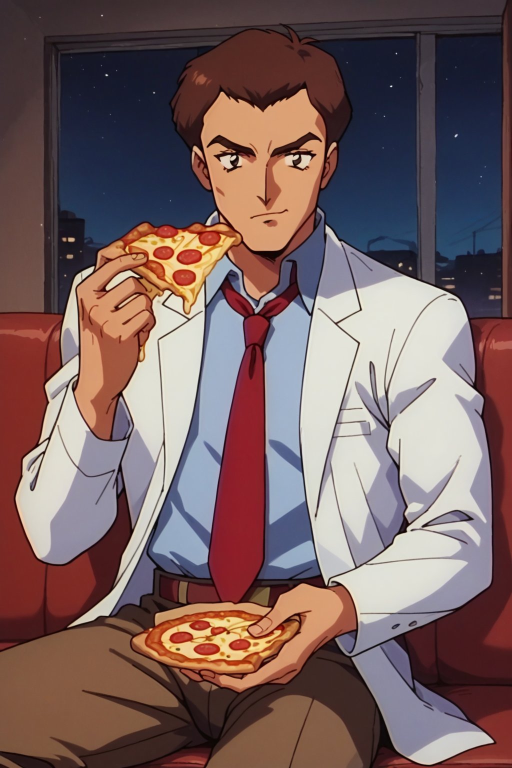 score_9, score_8_up, drproctor, 1boy, solo, brown hair, lab coat, red necktie, brown pants, looking at viewer, retro style, sitting, eating pizza, couch, living room, night, dark background