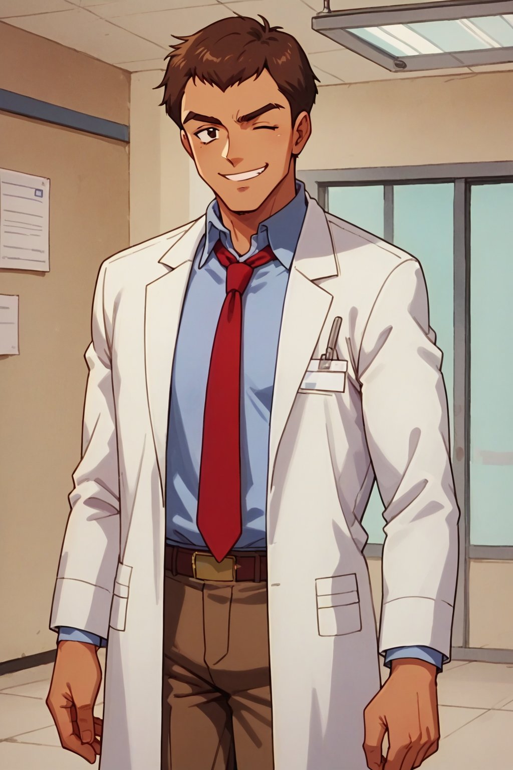 score_9, score_8_up, drproctor, 1boy, solo, brown hair, law coat, red necktie, brown pants, smirk, wink, looking at viewer, hospital