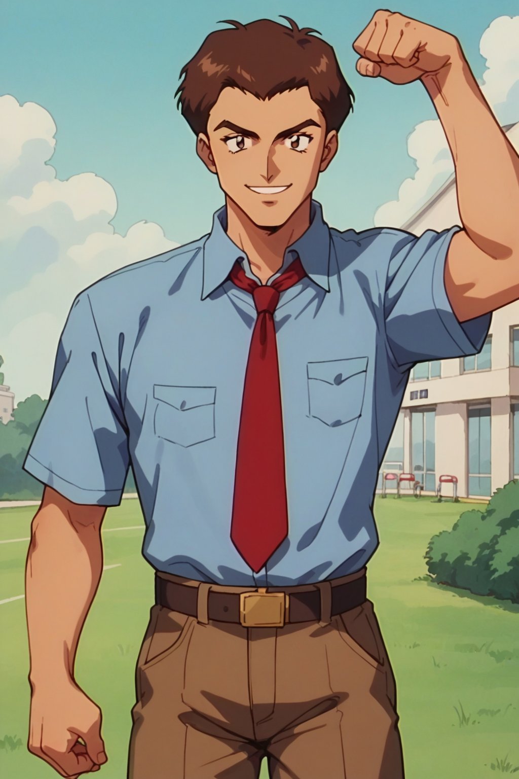 score_9, score_8_up, drproctor, 1boy, solo, brown hair, short hair, blue shirt, red necktie, belt, brown pants, smile, looking at viewer, flexing, retro style, outdoors, grass, hospital