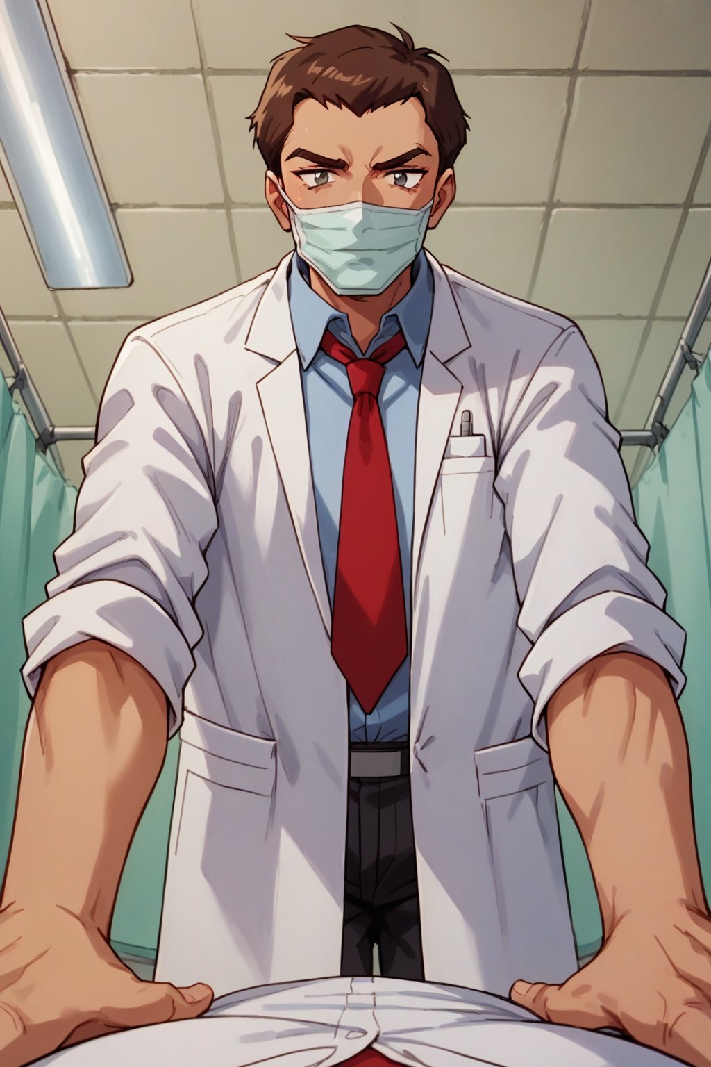 score_9, score_8_up, drproctor, 1boy, lying_down, pov, from below, hospital, brown hair, grey eyes, lab coat, boy on top, red necktie, surgical_mask, gloves, operating room, medical equipment, tense mood, 