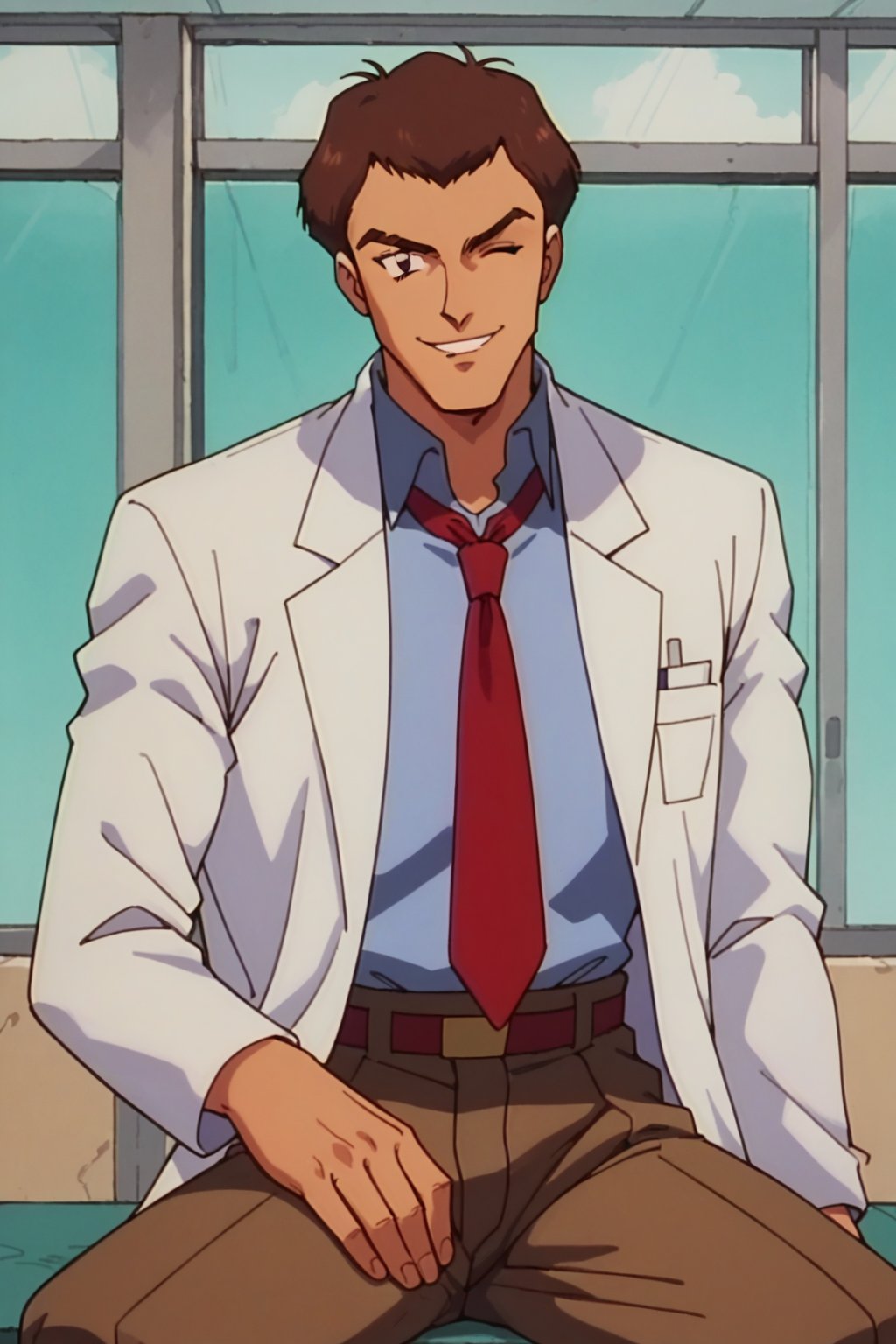 score_9, score_8_up, drproctor, 1boy, solo, brown hair, lab coat, red necktie, brown pants, smirk, wink, looking at viewer, retro style, sitting, hospital