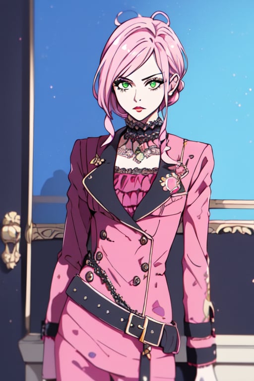 a lady with  pink color hair and green eyes with poker face with vivian westwood outfit ,1 girl, 