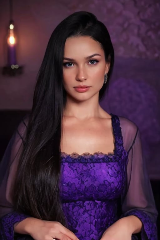 Hyperrealistic full body photo of Juliette, realistic face, realistic eyes, wearing a long black dress with lace and lace details. The ambient lighting is soft and cool, with bluish and purple tones, creating a mysterious and elegant atmosphere. Juliette displays an enigmatic expression and an intense gaze. Cinematic style.