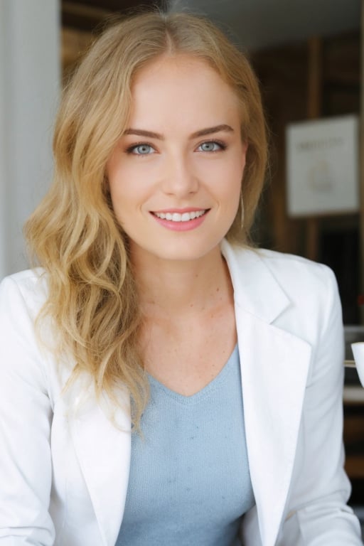  Hyperrealistic full body raw photo of Angelica, realistic face, realistic eyes, wearing light wash jeans, a white cotton t-shirt, and a navy blue blazer, sitting in a charming cafe with a cup of coffee in her hands. Cinematic style with soft, natural lighting, and muted, film-like colors.