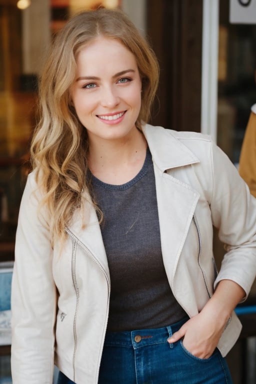 Hyperrealistic full body raw photo of Angelica, realistic face, realistic eyes, wearing dark wash skinny jeans, a white cotton t-shirt with a subtle detail, and a brown leather jacket. She is in a charming cafe, with a steaming cappuccino in her hands, smiling slightly as she observes the busy street. Cinematic style with soft, natural lighting, and muted, film-like colors.