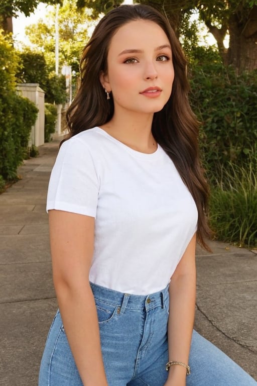 Hyperrealistic full body photo of Larissa Manoela, realistic and detailed face, realistic eyes, realistic skin texture. Larissa Manoela on a casual day, wearing a relaxed and comfortable look, such as jeans and a white t-shirt. The setting is simple and cozy, such as a street with trees and flowers. Cinematic style. 