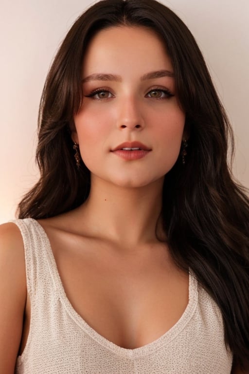 Hyperrealistic full body photo of Larissa Manoela, realistic and detailed face, realistic eyes, realistic skin texture. Portrait of Larissa Manoela with an intense and charismatic expression. Soft and romantic lighting, highlighting her natural beauty. Cinematic style.