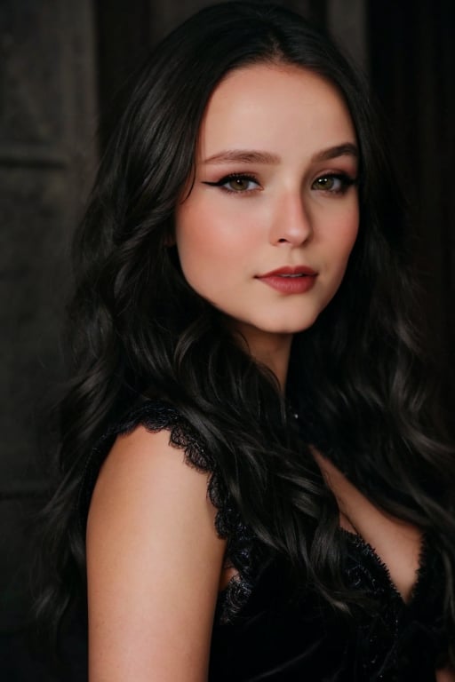 Hyperrealistic full body photo of Larissa Manoela, realistic and detailed face, realistic eyes, realistic skin texture.  Larissa Manoela in a gothic setting, with a dark and elegant look, wearing a long black dress with lace and velvet details. Cinematic style.