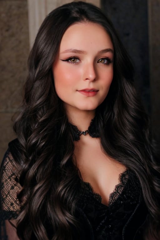 Hyperrealistic full body photo of Larissa Manoela, realistic and detailed face, realistic eyes, realistic skin texture.  Larissa Manoela in a gothic setting, with a dark and elegant look, wearing a long black dress with lace and velvet details. Cinematic style.