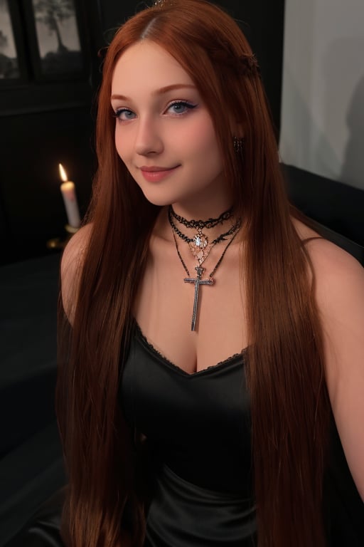 Hyper-realistic full-body RAW photo of Haru, realistic face, realistic eyes, realistic red hair, realistic skin texture, in a gothic setting, wearing a long black lace dress, with a silver necklace with a crucifix, and a hairstyle with braids and a black ribbon. The lighting is dark and mystical, with candles and candelabras. Cinematic style.