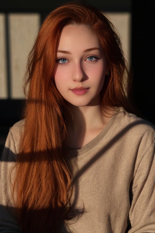 Hyper realistic full body RAW photo of Haru, realistic and detailed face, realistic eyes, realistic red hair, realistic skin texture, in a deserted and scary scene of psychological suspense, with dim light and mysterious shadows.  Cinematic style.