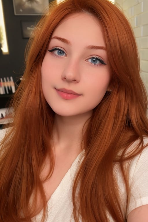 Hyper realistic RAW photo of Haru, from the waist up, realistic and detailed face, realistic eyes, realistic red hair, realistic skin texture,  in a beauty studio, with soft lighting and mirrors. Cinematic style.