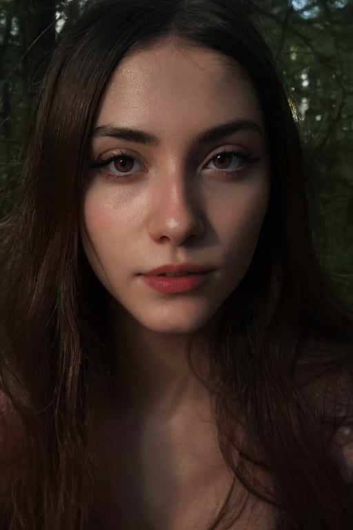 Hyper realistic full body RAW photo of Sofia Espanha, realistic and detailed face, realistic eyes, realistic skin texture, running through a dark and abandoned forest, with a creepy and mysterious atmosphere, surrounded by shadowy figures. Cinematic style.