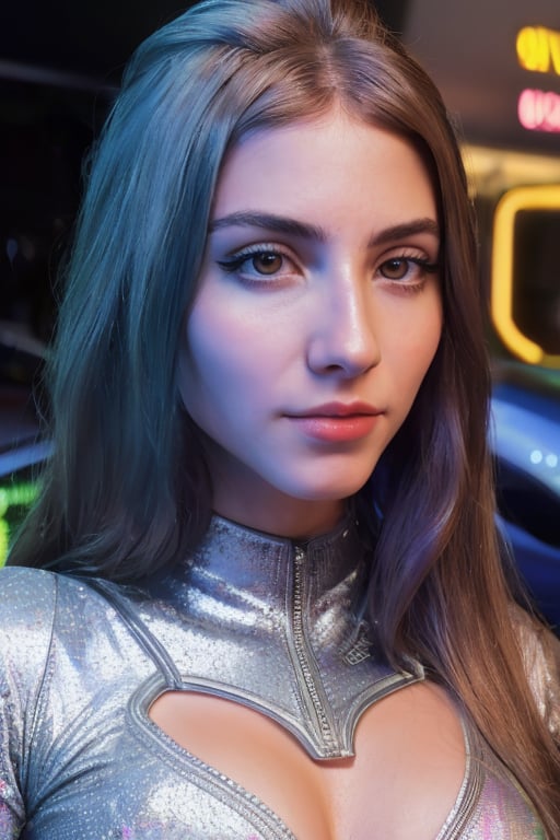 Hyper realistic full body RAW photo of Sofia Espanha, realistic and detailed face, realistic eyes, realistic skin texture, in a futuristic and technological city, wearing a silver suit with neon details and a bold look. She is in the midst of holograms and advanced technologies, with an expression of curiosity and fascination. Cinematic style.