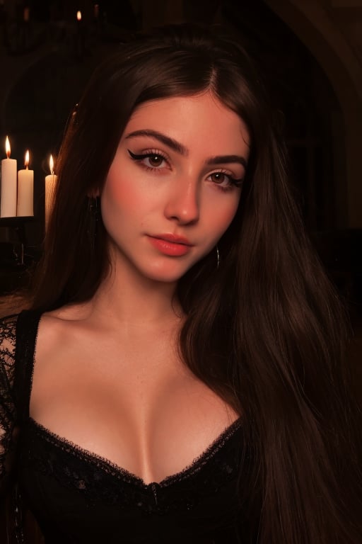 Hyper realistic full body RAW photo of Sofia Espanha, realistic and detailed face, realistic eyes, realistic skin texture, wearing a long black dress with lace details, in a dark and mysterious castle, with candlelight and a gothic atmosphere. Cinematic style.