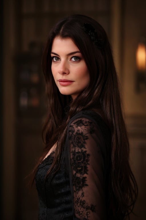 Hyperrealistic full body raw photo of Alinne Moraes, realistic face, realistic eyes, realistic skin texture, wearing a long black lace dress with velvet and gemstone details, in a gothic setting, mysterious and dark atmosphere. Cinematic style