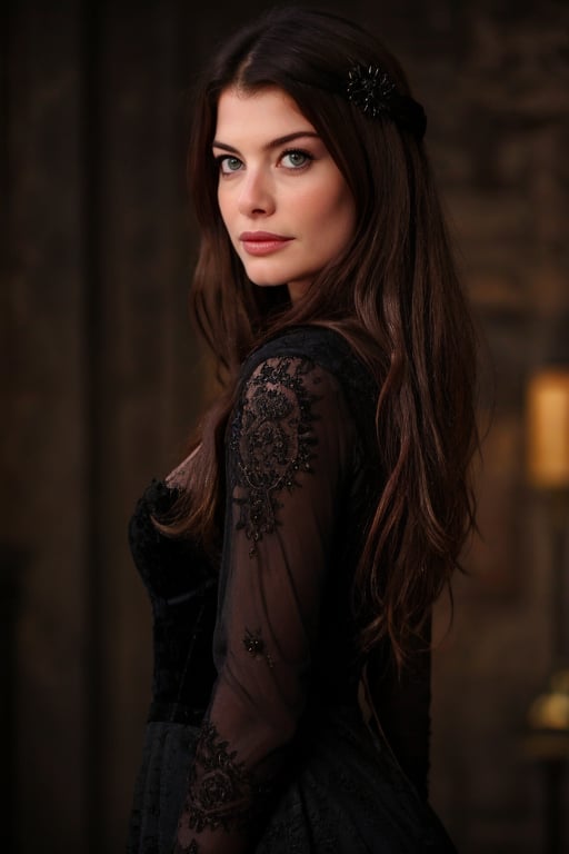 Hyperrealistic full body raw photo of Alinne Moraes, realistic face, realistic eyes, realistic skin texture, wearing a long black lace dress with velvet and gemstone details, in a gothic setting, mysterious and dark atmosphere. Cinematic style