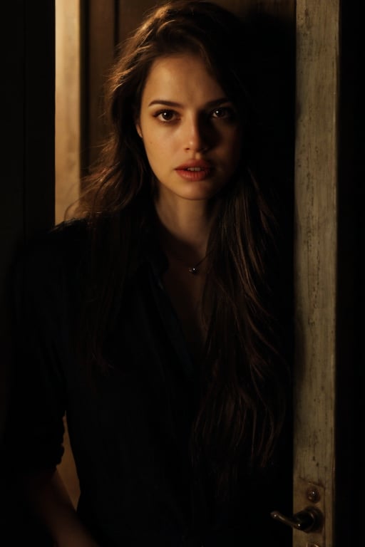 Hyperrealistic full body photo of Agatha Moreira, realistic face, realistic eyes, looking at a closed door with an expression of fear and anxiety. The light is dark and menacing, creating an atmosphere of suspense. The image should convey the tension and fear that the character is feeling. Cinematic style.