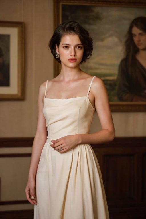 Hyperrealistic full body photo of Agatha Moreira, realistic face, realistic eyes, with a classic look, wearing an elegant period dress and a sophisticated hairstyle. The light is soft and natural, creating an atmosphere of tranquility and timeless beauty. The image has a classic painting style, with focus on her beauty and expression. Cinematic style. 