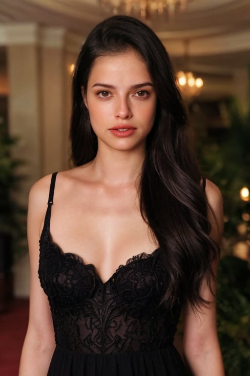 Hyperrealistic full body photo of Agatha Moreira, realistic face, realistic eyes, wearing a long black gala dress with a deep neckline and lace details, adorned with sparkling jewels. She is in a luxurious setting with chandelier lights and a red carpet. The image highlights the glamour and elegance of the actress, with a confident expression and a touch of mystery. Cinematic style.