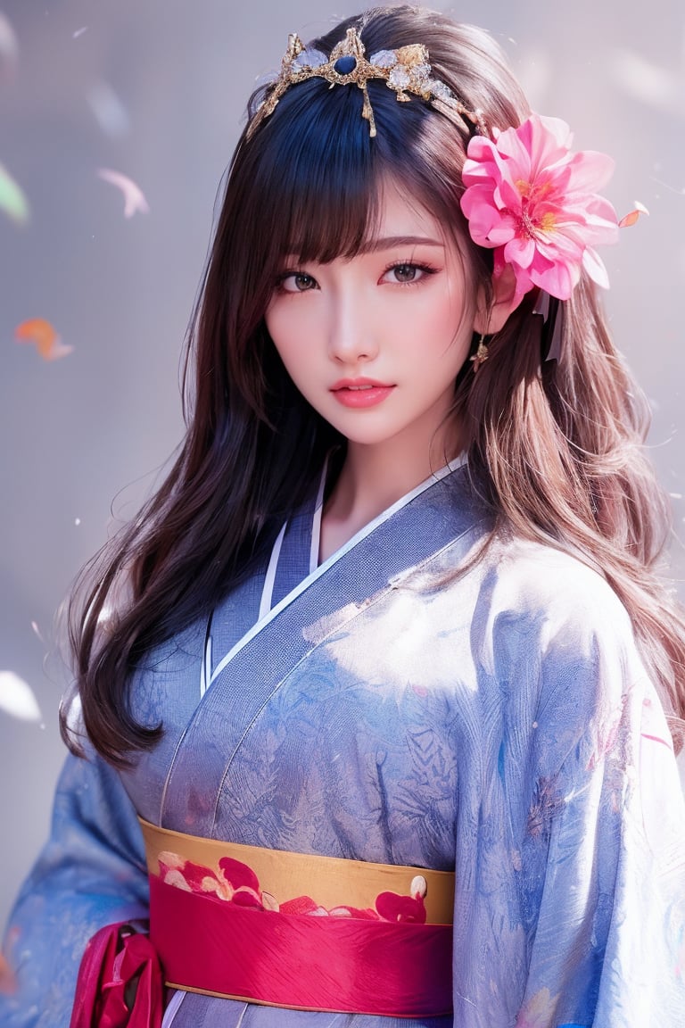 1girl, solo, long hair, looking at viewer, bangs, black hair, hair ornament, closed mouth, upper body, japanese clothes, hair flower, kimono, grey background, black eyes, lips, sash, realistic, 1 girl,Shirley01