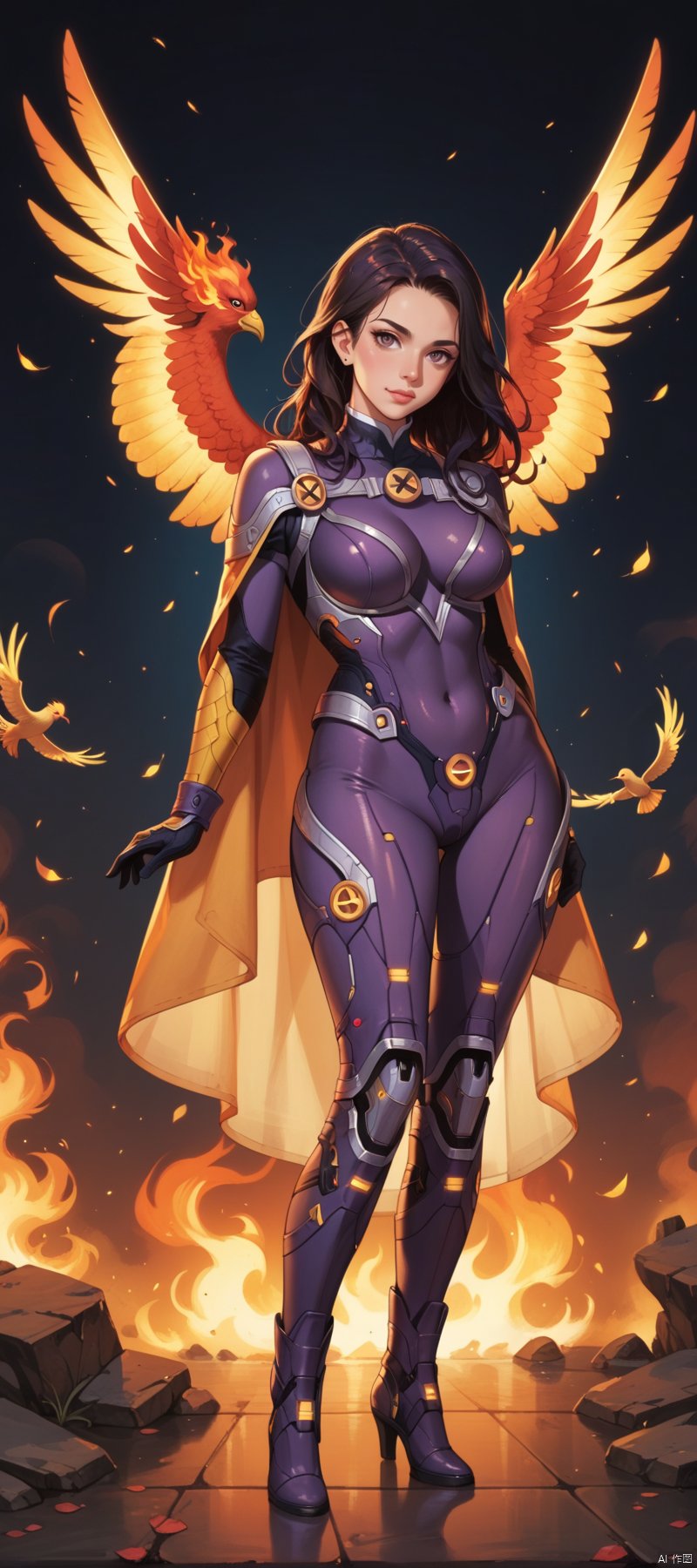 1 girl, flame body, masterpiece, top quality,phoenix dark is x-men, beautiful and aesthetic:1.2, (1girl:1.3), (full body:1.5),RUANYI0516 purple bodysuit machanic wing,score_9 score_8_up score_7_up