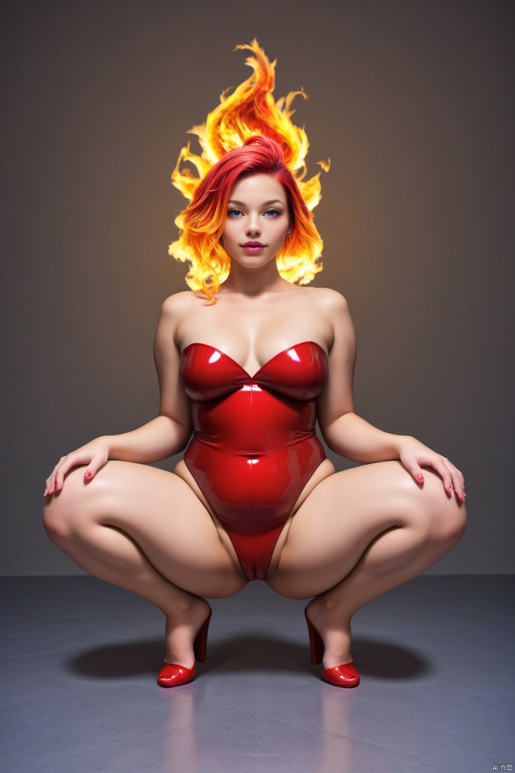 1 girl, flame body, masterpiece, top quality,phoenix dark is wonder women, beautiful and aesthetic:1.2, (1girl:1.3), (full body:1.5), leonard,looking at viewer,fire hair, extreme detailed,cinematic lighting, story, narrative quality, ((crouched on tiptoes)),colorful gradient,bandana top btbantop bare shoulders,higokko style,latex st4rtr3k dress leotard,CHUBBY PLUMP CURVY