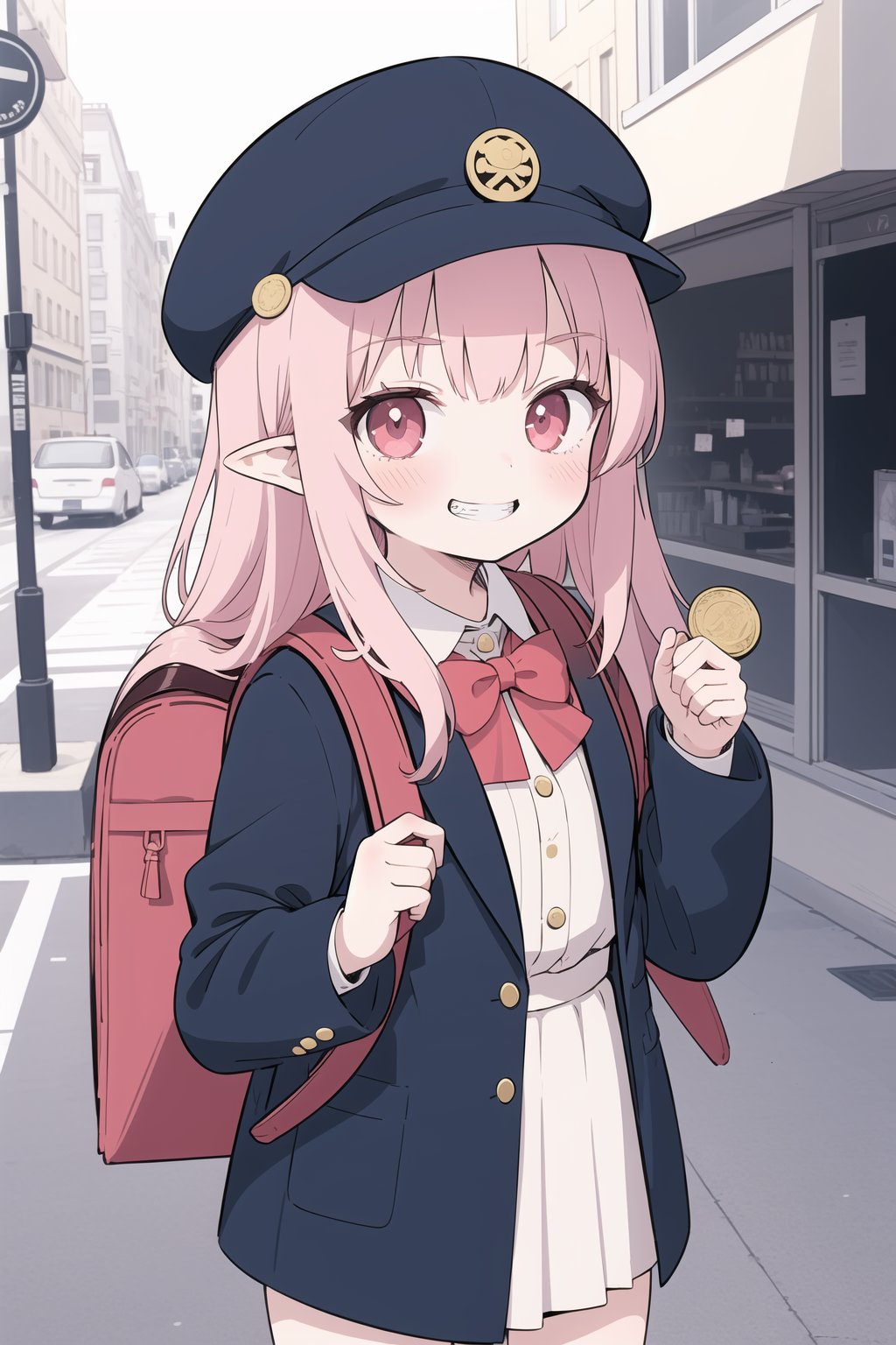 masterpiece, best quality, 1girl, looking at viewer, blush, long hair, evil smile, grin, holding coin, pointy ears, outdoors, uniform, brown backpack, hat