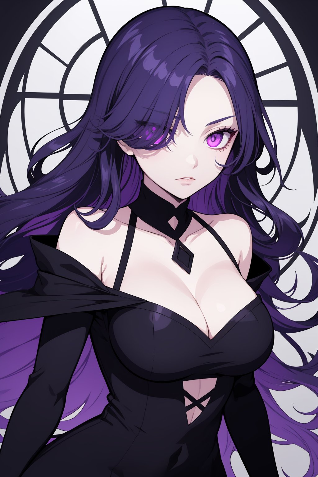 1girl, an art of a beautiful girl with long and black wavy hair, hair covering one eye, glowing purple hair, purple eyes, gothic black dress, upper body angle, perfect body, in a mansion, looking at the viewer, masterpiece, best quality