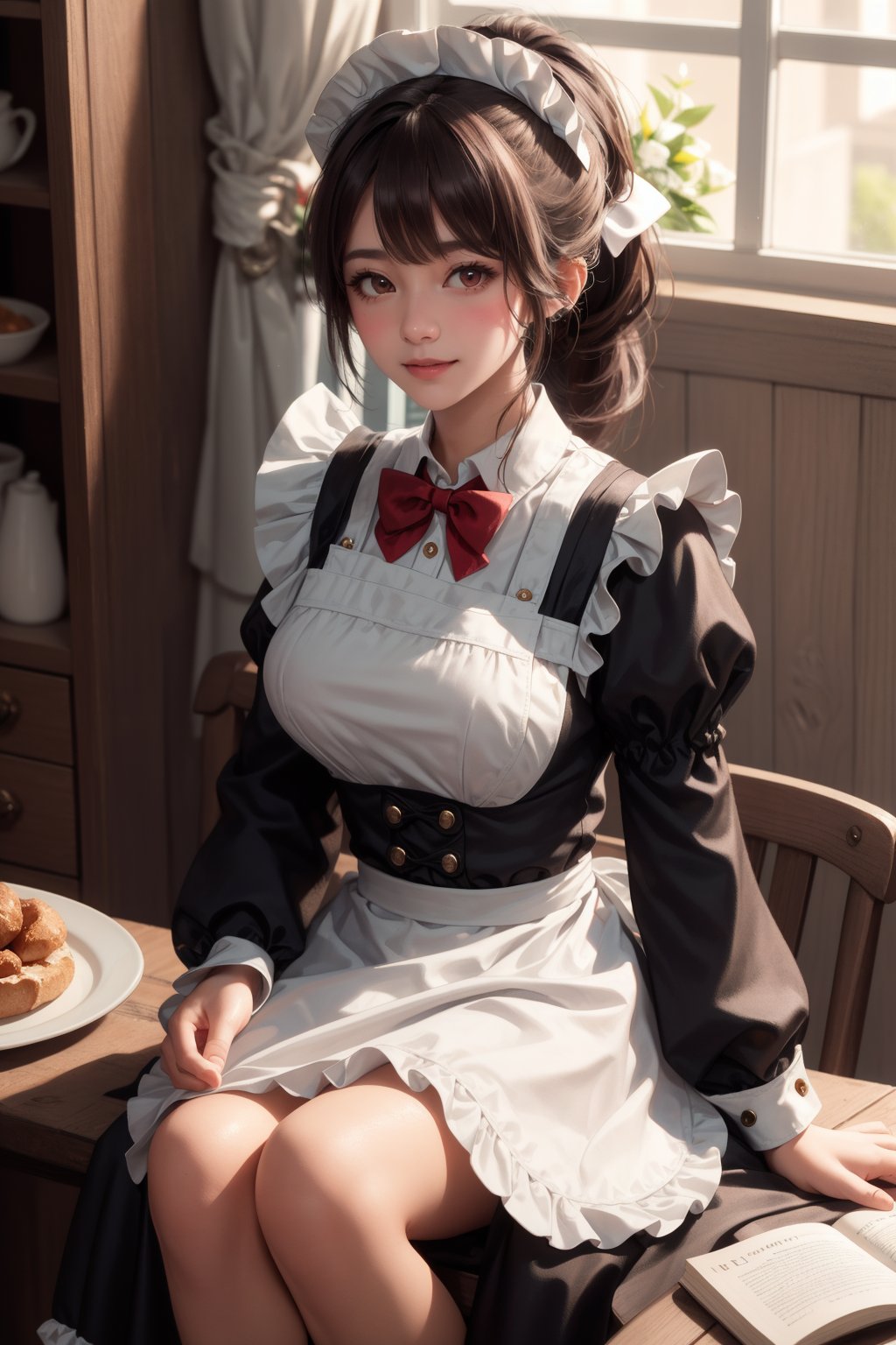 1girl, solo, looking at viewer, blush, smile, bangs, brown hair, red eyes, long sleeves, dress, bow, ribbon, holding, sitting, closed mouth, ponytail, hair bow, frills, puffy sleeves, indoors, bowtie, apron, black dress, red bow, maid, feet out of frame, arm support, high ponytail, juliet sleeves, red bowtie, white apron, maid apron, frilled apron, blurry foreground, sleeve cuffs