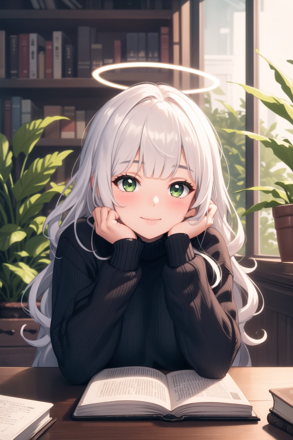 masterpiece, best quality, 1girl, looking at viewer, blush, long wavy hair, bangs, green eyes, long sleeves, sitting, closed mouth, long hair, upper body, white hair, indoors, book, window, plant, head rest, book stack, halo, blunt bangs, sweater, soft smile
