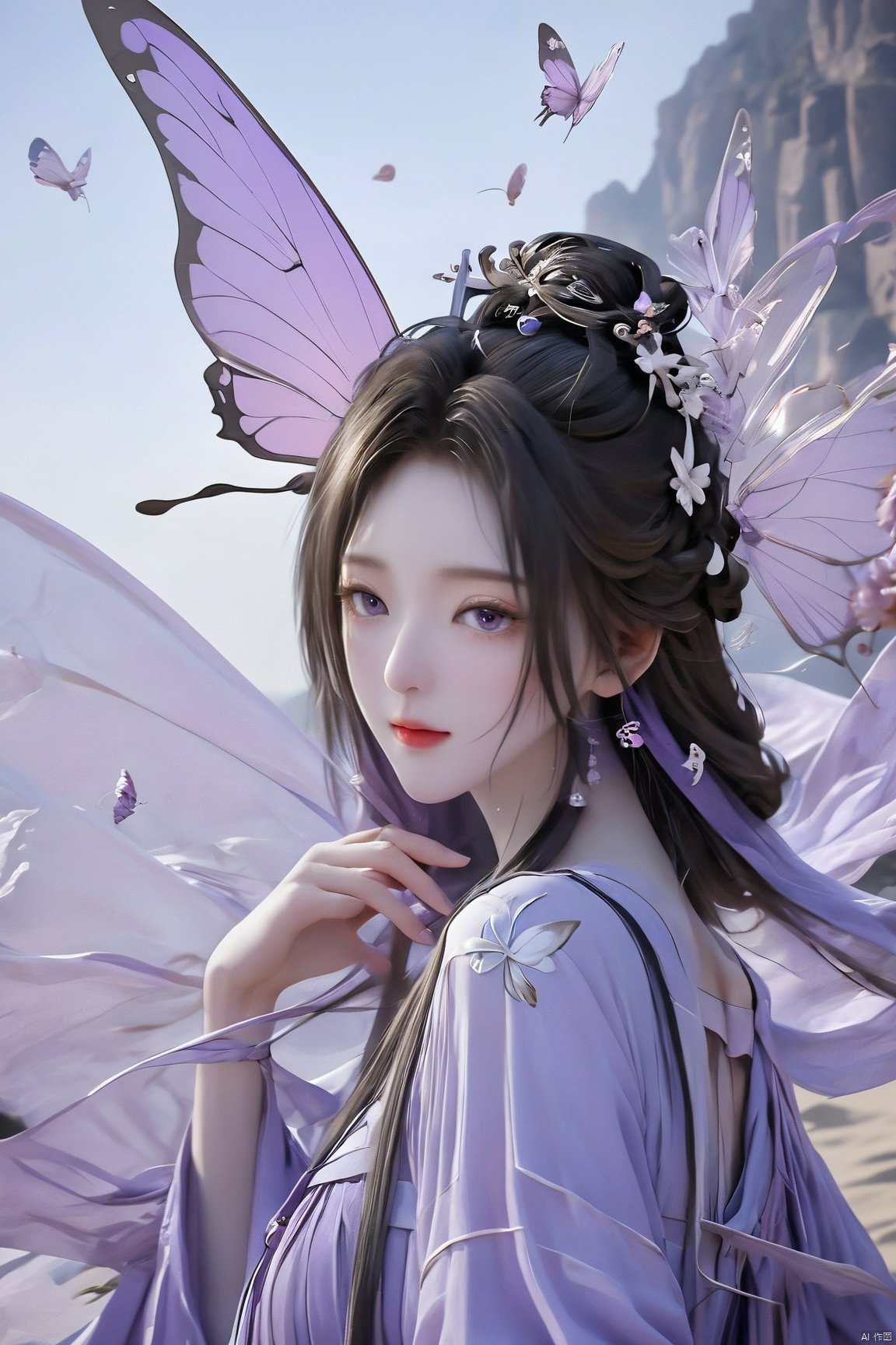  upper_body,macro range,,a girl,mouth gauze,purple eyes, X-ziling, NaGongWan, Water_butterfly, desert_sky, song_hanfu