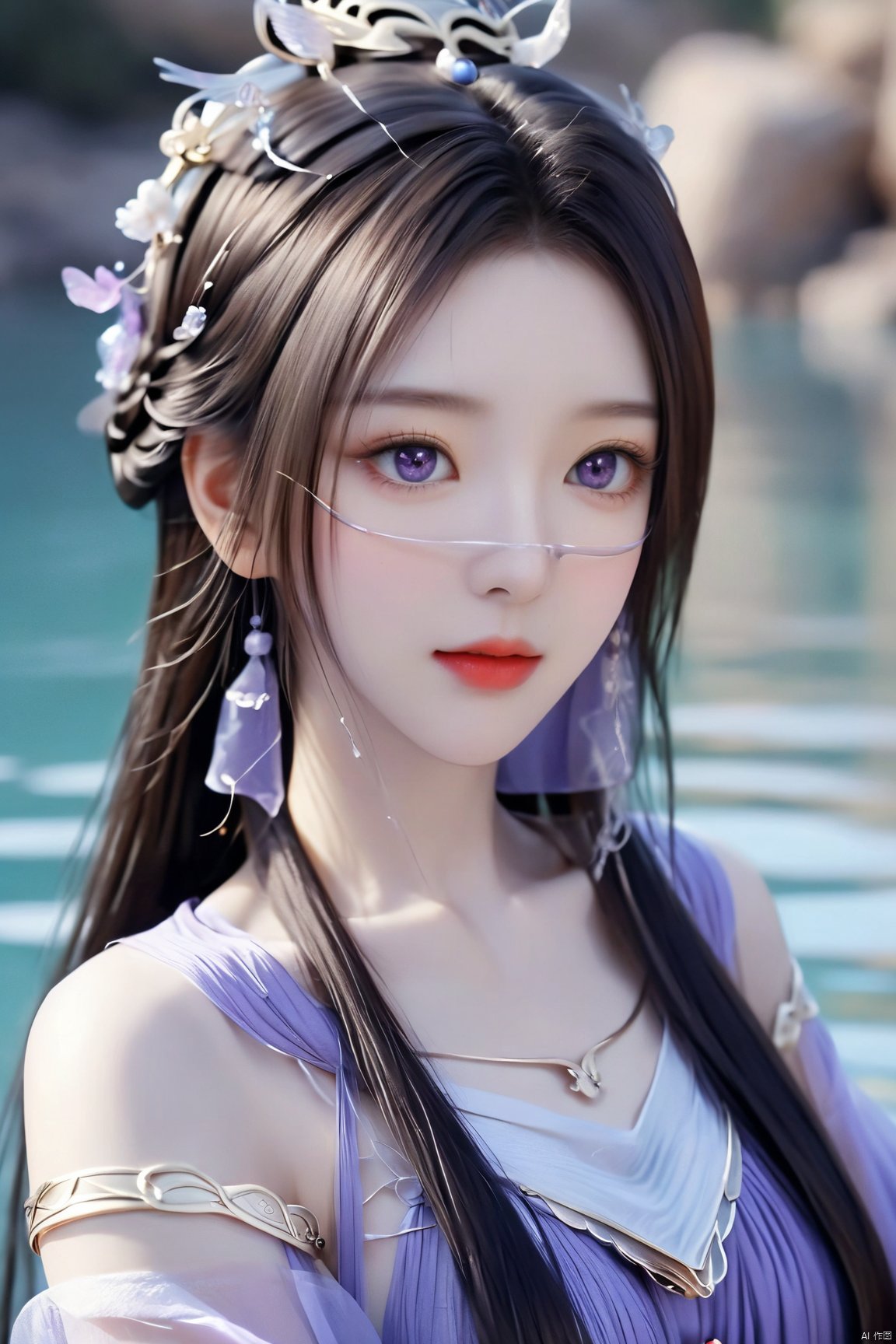  upper_body,macro range,,a girl,mouth gauze,purple eyes, X-ziling, NaGongWan, Water_butterfly, desert_sky, song_hanfu