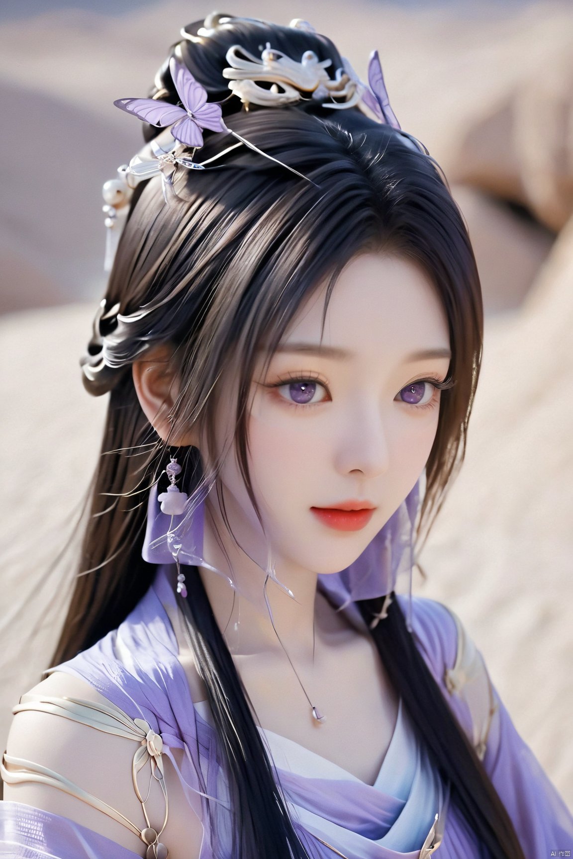  upper_body,macro range,,a girl,mouth gauze,purple eyes, X-ziling, NaGongWan, Water_butterfly, desert_sky, song_hanfu